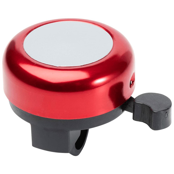 A red metal bicycle bell featuring a black mount and a lever for ringing. It has a plain circular top.