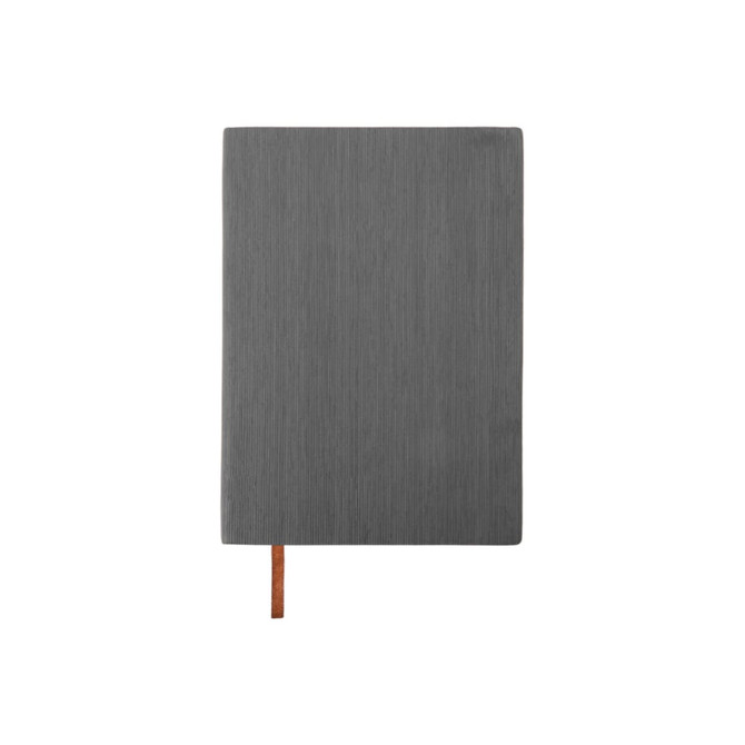 A grey PU leather notebook with a textured finish and a brown elastic band. It has a branding logo on the cover.