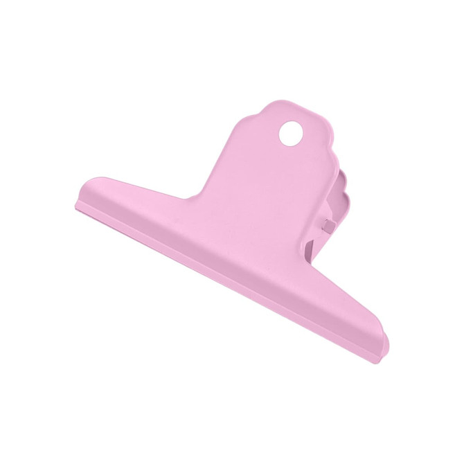 A pink metal binder clip with a rounded top and a hole for easy attachment, featuring a simple design.