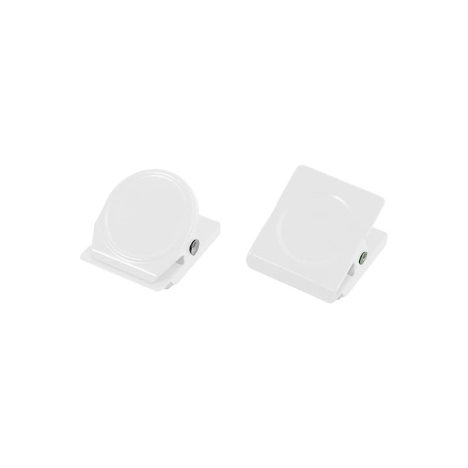 Two white metal magnetic clips with different designs, one round and one rectangular. Each has a logo.