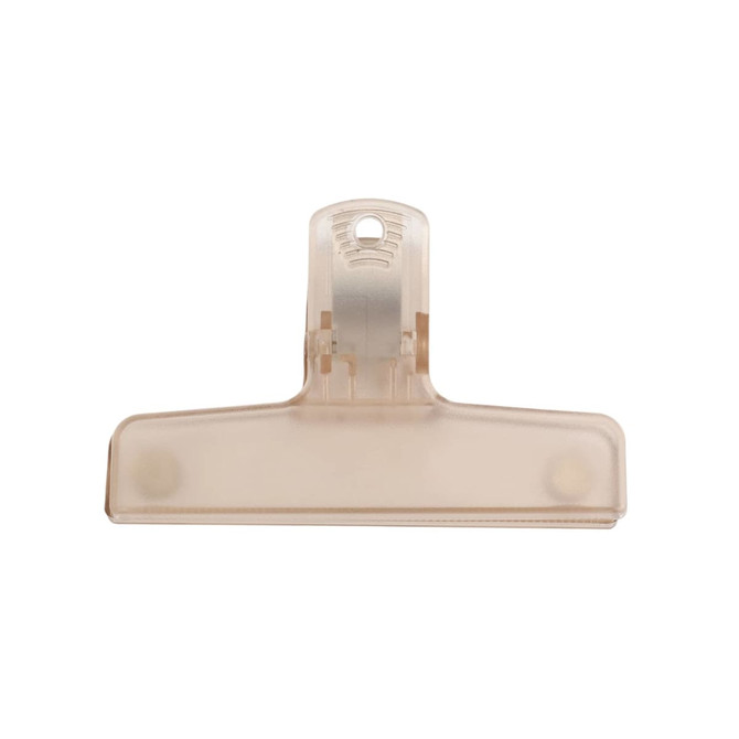 A translucent plastic magnetic clip in a neutral hue with a simple design and a circular hanging hole.
