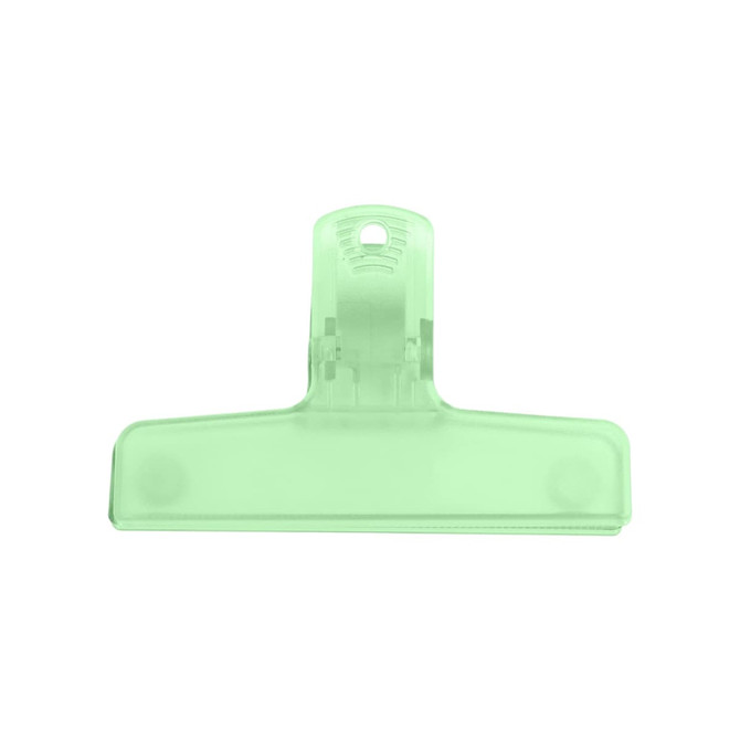 A translucent green plastic magnetic clip with a simple design and a hole for hanging.