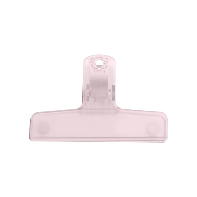 A translucent pink plastic magnetic clip with a sturdy clamp and a hole for easy attachment.