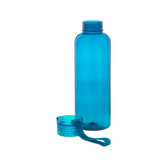 A drink bottle in a vibrant blue colour, with a removable lid featuring a strap.