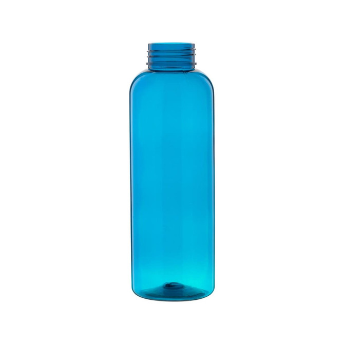 A drink bottle in a vibrant blue colour with a screw-top lid and a simple design. It features a logo.