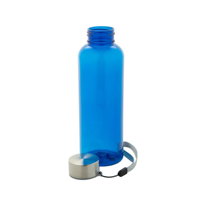 A blue drink bottle made from RPET, featuring a silver cap and a carry strap attached.