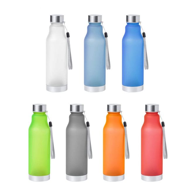A drink bottle collection in white, blue, green, grey, orange, and red, with silver metal caps and carrying straps.