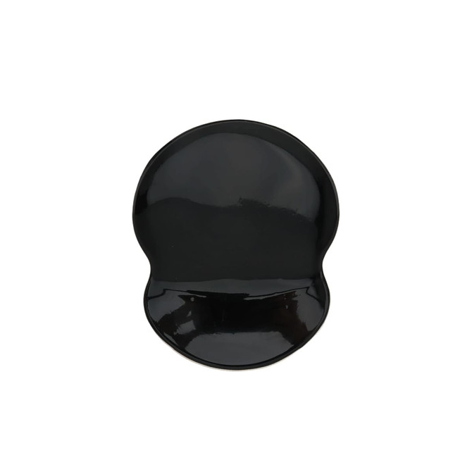 A black lightweight gel pad with a smooth, shiny surface, featuring a rounded shape. It has a logo on it.
