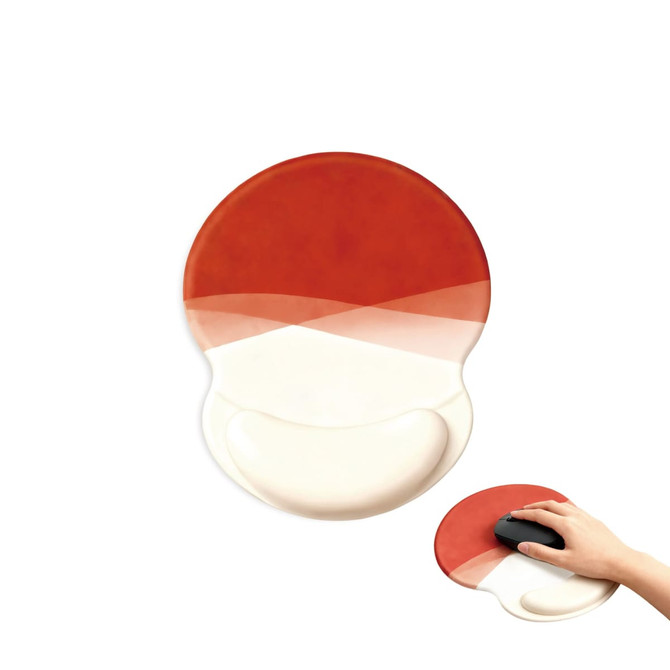 A lightweight mouse mat featuring a gradient design in orange and white with a wrist support section.