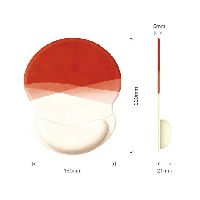 A lightweight mouse mat in orange and cream, featuring a gel pad design and rounded shape. Dimensions are 185mm x 220mm.