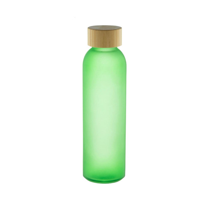 A drink bottle with a frosted green glass body and a bamboo cap, featuring a logo.