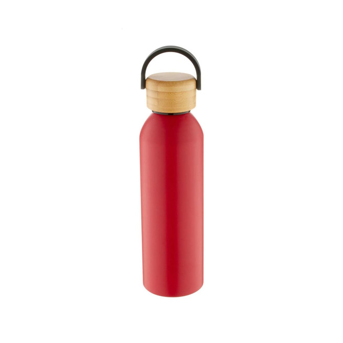 A drink bottle in bright red, featuring a bamboo lid and handle, with a logo on the side.