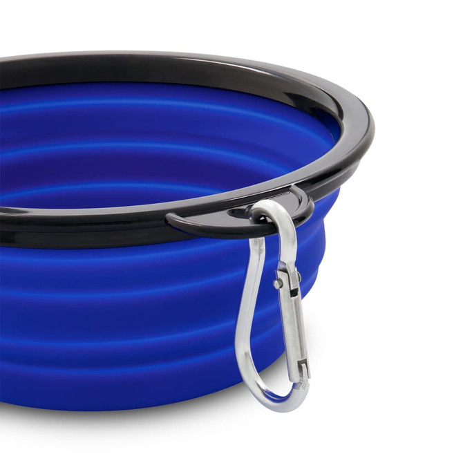 A blue collapsible bowl with a black rim and a metal carabiner for easy attachment. It features a logo.