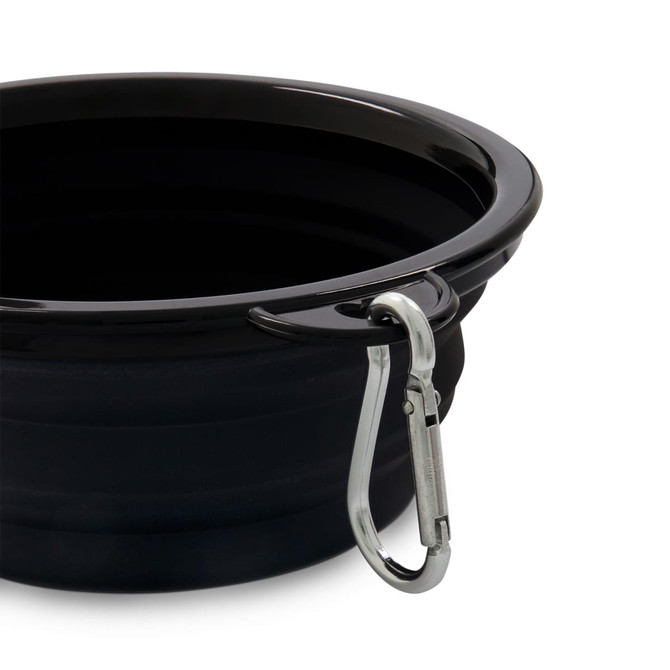 A black collapsible bowl with a silver carabiner attached to the rim for easy carrying.