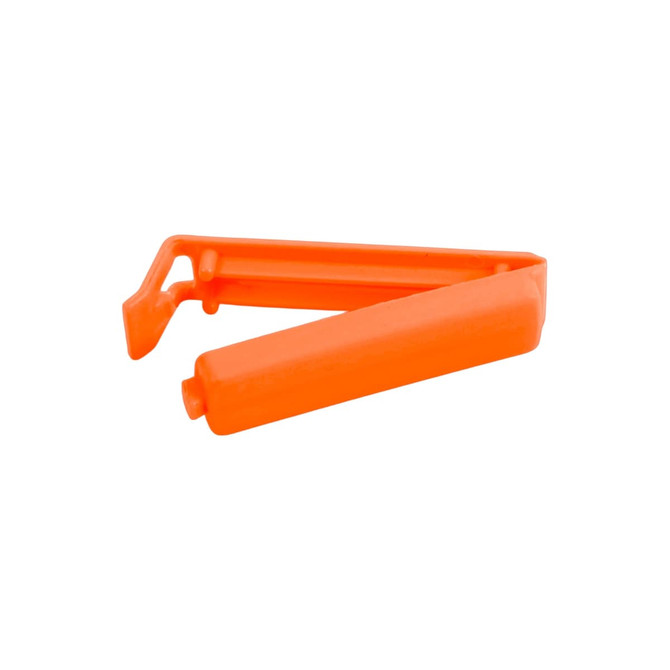 An orange small food bag seal clip designed to keep bags closed. Features a simple, functional design.