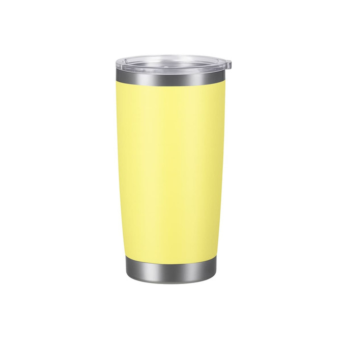 A drink bottle featuring a bright yellow body and a silver base, with a clear lid and a logo.