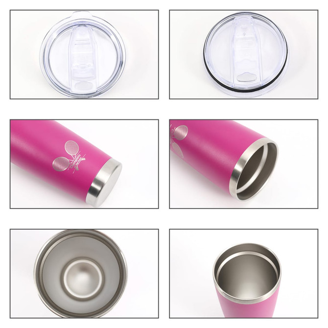 A drink bottle featuring a pink exterior, stainless steel double wall, and a clear lid with a branding logo.