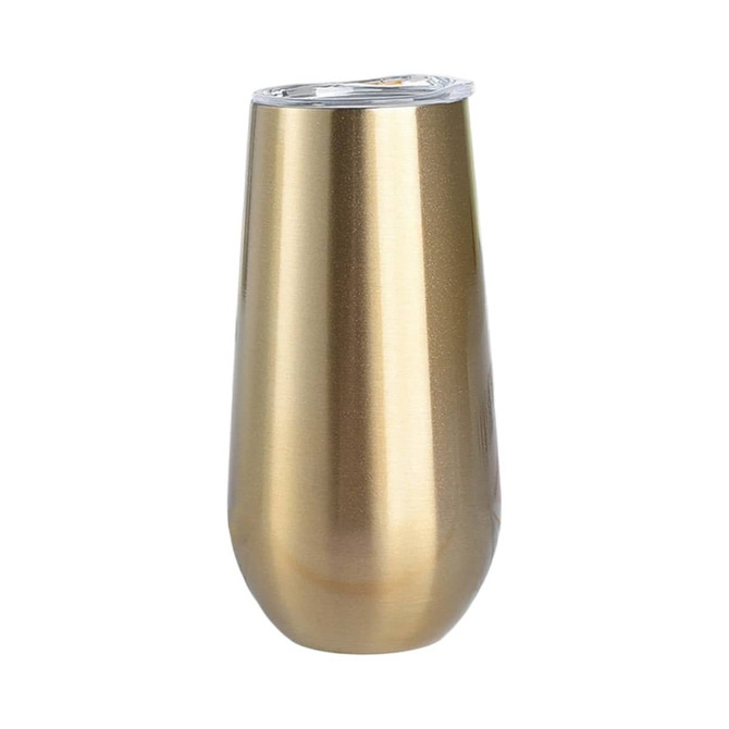 A drink bottle in a shiny gold finish, designed as a 150ml vacuum champagne flute. Features a lid and branding.