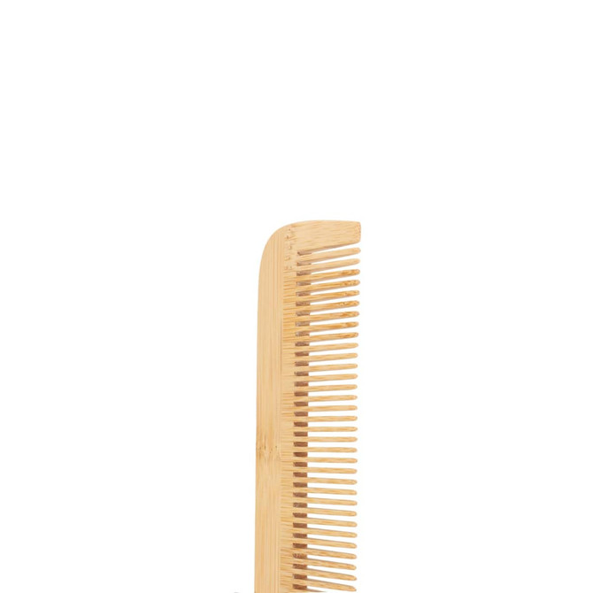 A fine-tooth bamboo comb with a light brown finish, featuring evenly spaced teeth and a curved edge, has a branding logo.