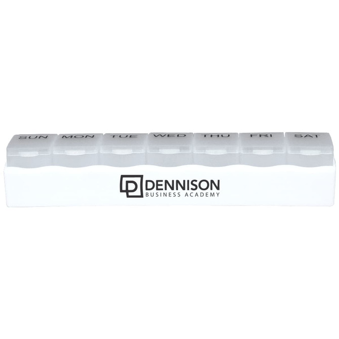 A white weekly pill organiser with compartments labelled for each day of the week. It features a logo.