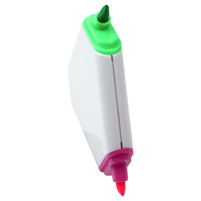 A triangular highlighter in green, pink, and orange, with a white body and a branding logo.