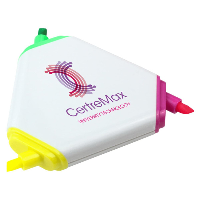 A triangular highlighter with yellow, green, pink, and orange tips, featuring a logo on one side.