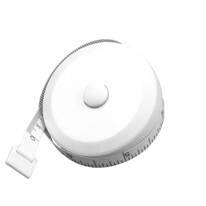 A white 1.5m tape measure with a retractable mechanism and a printed measurement scale. It has a circular design.