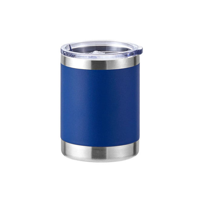 A drink bottle featuring a blue stainless steel exterior, a clear lid, and a silver base. It has a logo on the side.