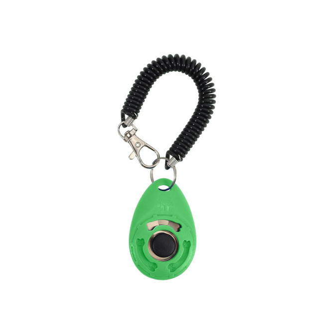 A green pet training clicker with a black coiled lanyard and a metal clip for attachment.