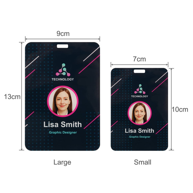 An acrylic name tag in two sizes, featuring a dark background with pink and blue accents and a logo.