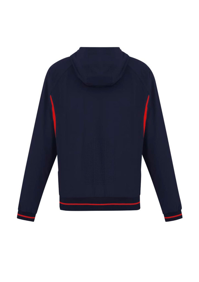 A men's soft shell jacket in navy with red accents and a hood, featuring a logo on the side.