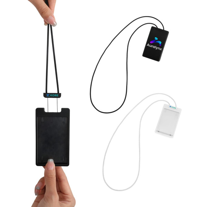 A retractable card holder with a silicone strap, available in black and white, featuring a logo.