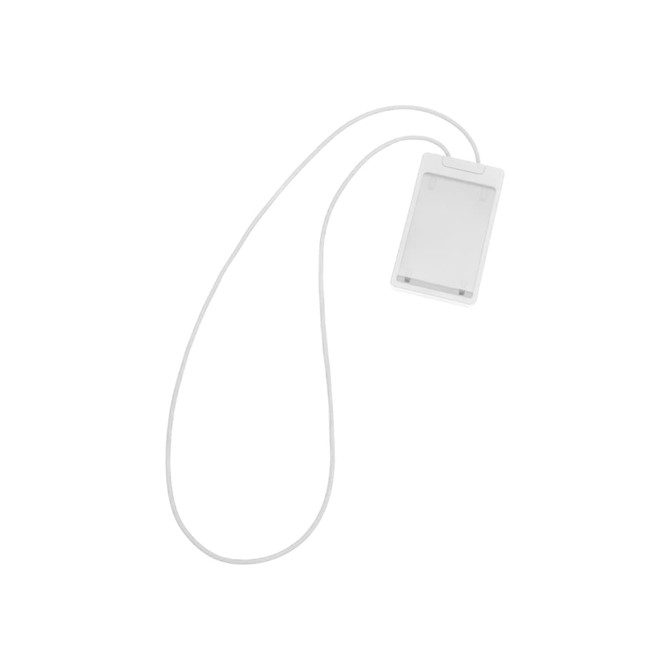 A white ABS retractable card holder with a silicone strap, featuring a clear plastic pouch and a branding logo.