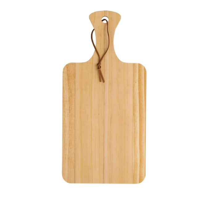 A rectangular pinewood cutting board with a handle, featuring a natural wood finish and a leather tie.