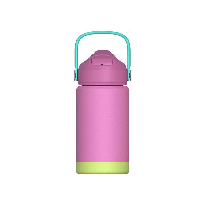 A drink bottle in pink with a green base and a teal handle, featuring a lid and a branding logo.