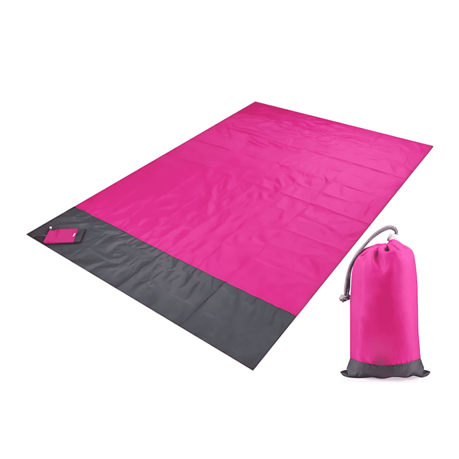 A pink polyester picnic blanket with a grey trim, accompanied by a matching pouch for storage.