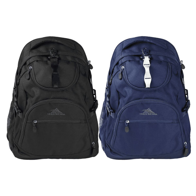 A black and navy High Sierra Access Light Backpack 45L with multiple pockets and a logo.