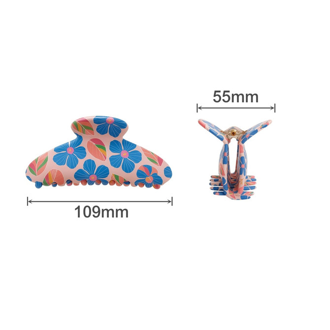 A large hair clip featuring a pink background with blue and red floral patterns, measuring 109mm by 55mm.