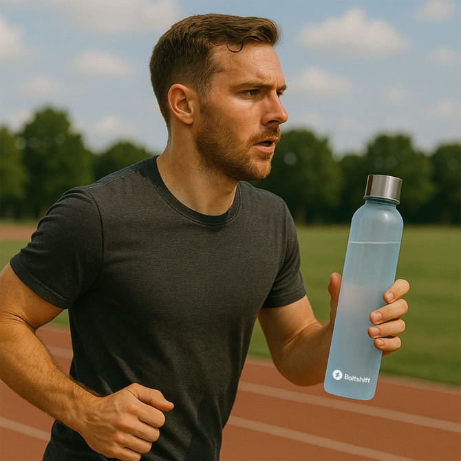 A drink bottle in light blue held by a man running on a track, featuring a logo on the side.