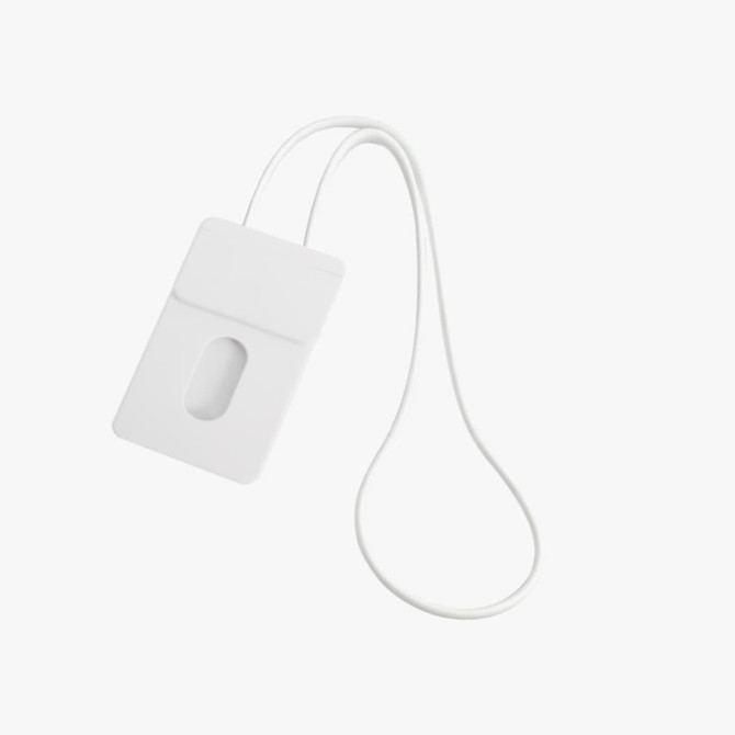 A white ABS retractable card holder with a lanyard, featuring a slot for a card and a smooth design.