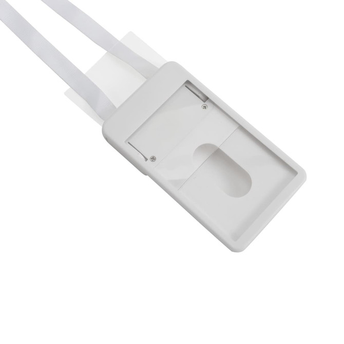 A white ABS retractable card holder with lanyard, featuring a clear card slot and two white straps.