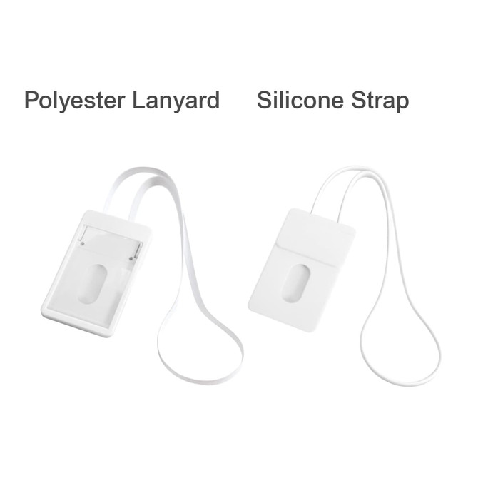 A white ABS retractable card holder with a polyester lanyard and a silicone strap. It features a simple, sleek design.