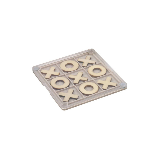 A translucent coaster featuring a Noughts & Crosses game with wooden X and O pieces in a grid layout.