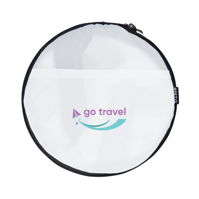 A round white duffle bag with a black zipper and a logo. It features a mesh design and a front pocket.