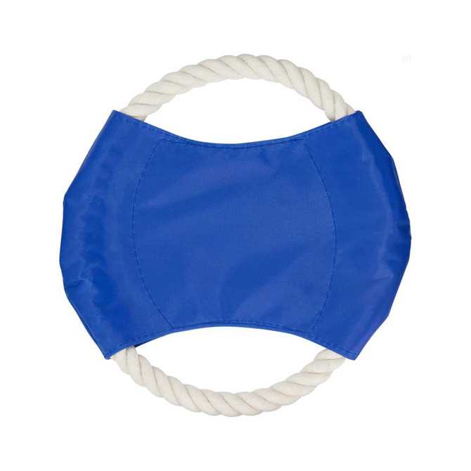 A blue dog toy featuring a fabric centre with a rope ring on the outside. It has a logo on it.