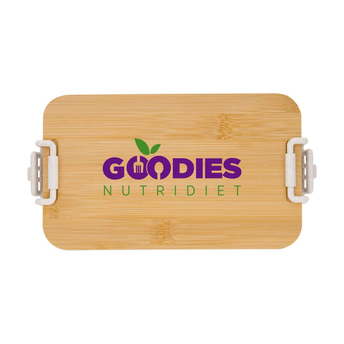 A bamboo lunch box with a dual-compartment design and a logo on the top. It features white clips for fastening.