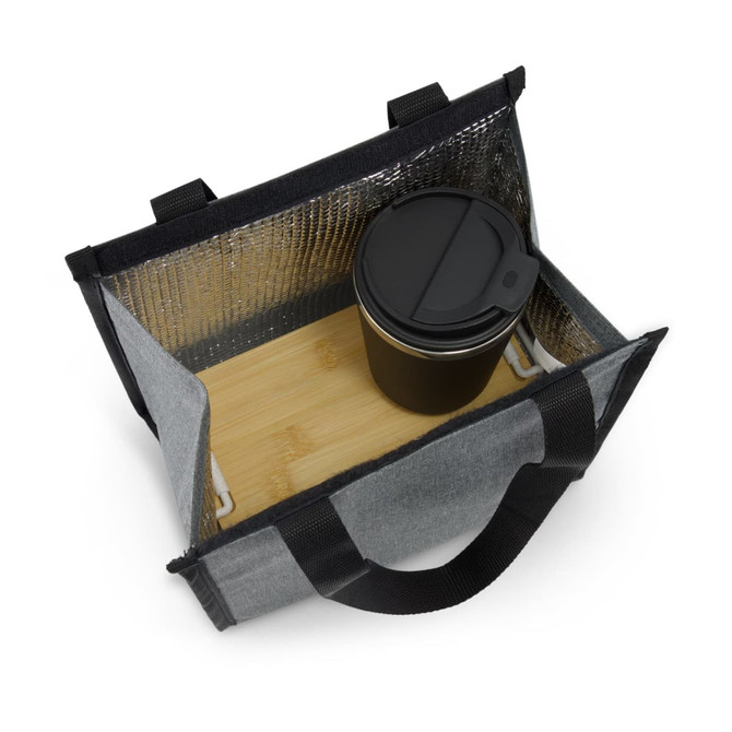 A grey cooler bag with a bamboo base and a black drink bottle inside. The bag has an insulated interior and sturdy handles.
