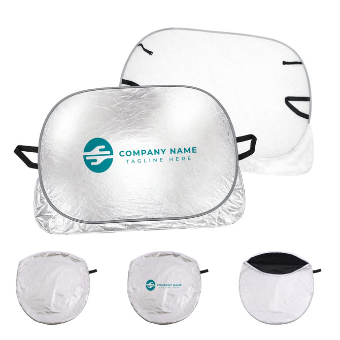 An aluminium snow cover for cars, featuring a reflective silver surface and a logo, with black securing straps.