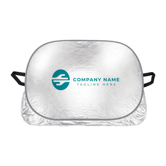 A silver aluminium car snow cover with handles and a logo printed on the front.