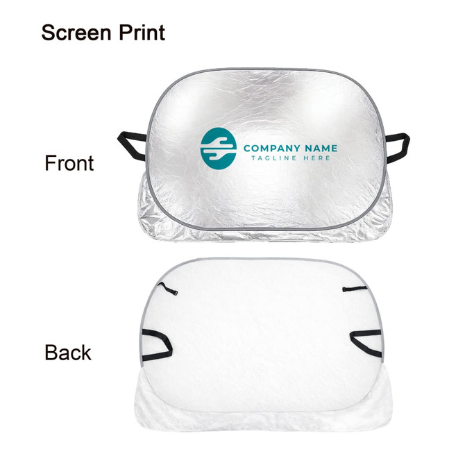 An aluminum car snow cover with a silver reflective front and a white back, featuring a logo.